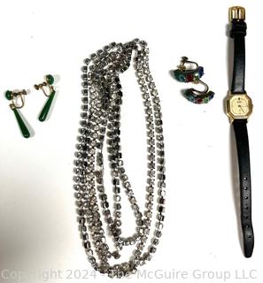 Rhinestone Necklace, Citizen Watch, Sterling Silver with Multicolor Stones Earrings and Green Stone Drop Earrings