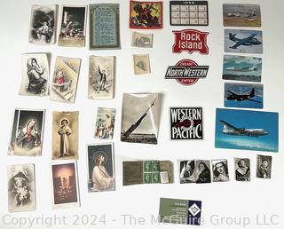 Collection of Prayer Cards, Metal Railroad Labels, Airplane Postcards and Celebrity Pocket Photos