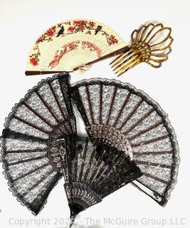 Four (4) Souvenir Folding Hand Fans and Haircomb