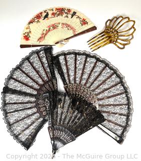 Four (4) Souvenir Folding Hand Fans and Haircomb