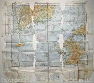 1944 WWII Pilot Silk Double Sided Bail Out Navigation Map of Kagoshima Nagasaki Japan. Damaged. Second of two offered in this auction