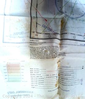 1944 WWII Pilot Silk Double Sided Bail Out Navigation Map of Kagoshima Nagasaki Japan. Damaged. Second of two offered in this auction