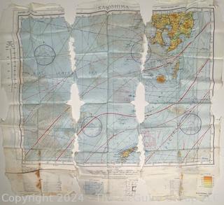 1944 WWII Pilot Silk Double Sided Bail Out Navigation Map of Kagoshima Nagasaki Japan. Damaged. Second of two offered in this auction