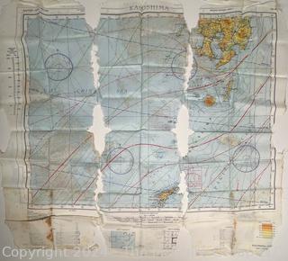 1944 WWII Pilot Silk Double Sided Bail Out Navigation Map of Kagoshima Nagasaki Japan. Damaged. Second of two offered in this auction