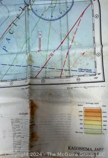 1944 WWII Pilot Silk Double Sided Bail Out Navigation Map of Kagoshima Nagasaki Japan. Damaged. Second of two offered in this auction