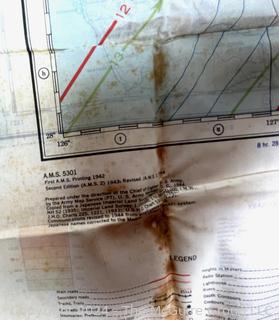 1944 WWII Pilot Silk Double Sided Bail Out Navigation Map of Kagoshima Nagasaki Japan. Damaged. Second of two offered in this auction