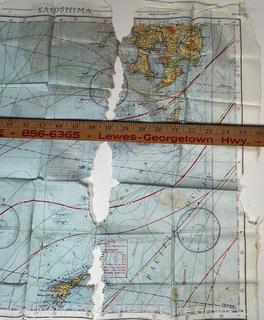 1944 WWII Pilot Silk Double Sided Bail Out Navigation Map of Kagoshima Nagasaki Japan. Damaged. Second of two offered in this auction