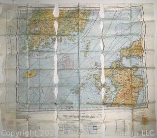 1944 WWII Pilot Silk Double Sided Bail Out Navigation Map of Kagoshima Nagasaki Japan. Damaged. First of two offered in this auction