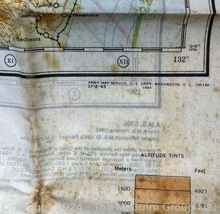 1944 WWII Pilot Silk Double Sided Bail Out Navigation Map of Kagoshima Nagasaki Japan. Damaged. First of two offered in this auction