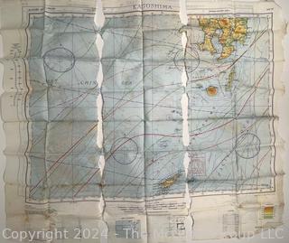 1944 WWII Pilot Silk Double Sided Bail Out Navigation Map of Kagoshima Nagasaki Japan. Damaged. First of two offered in this auction