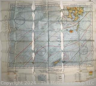 1944 WWII Pilot Silk Double Sided Bail Out Navigation Map of Kagoshima Nagasaki Japan. Damaged. First of two offered in this auction