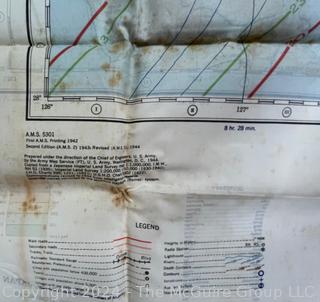 1944 WWII Pilot Silk Double Sided Bail Out Navigation Map of Kagoshima Nagasaki Japan. Damaged. First of two offered in this auction