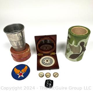 WWII Pilot Pocket Compasses, USAAF Patch, Travel Cup & Fabric Camouflage Tape.