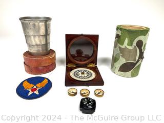 WWII Pilot Pocket Compasses, USAAF Patch, Travel Cup & Fabric Camouflage Tape.