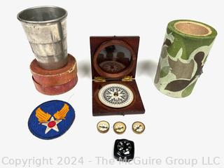 WWII Pilot Pocket Compasses, USAAF Patch, Travel Cup & Fabric Camouflage Tape.