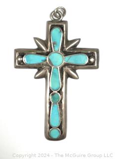 Silver with Inset Turquoise Stone Cross Pendant