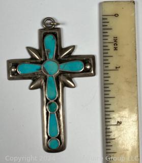 Silver with Inset Turquoise Stone Cross Pendant