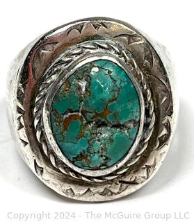 Men's Silver with Inset Turquoise Center and Decorated Bezel  