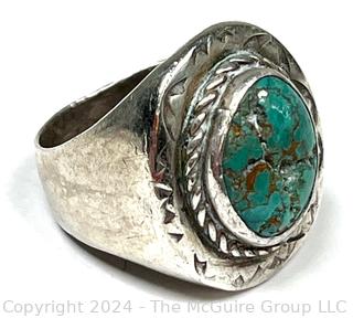 Men's Silver with Inset Turquoise Center and Decorated Bezel  