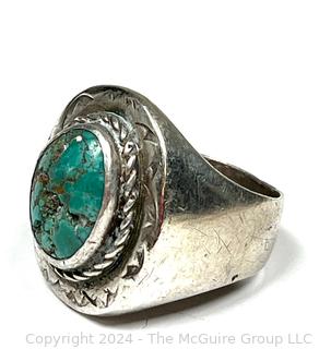 Men's Silver with Inset Turquoise Center and Decorated Bezel  