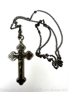 Inlaid Pectoral Cross Crucifix Pendant on Chain. Made in Germany.