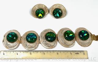 Mid Century Statement Green Rhinestone Textured Bracelet & Earring Set