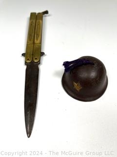 Bailsong Style Butterfly Knife, Unmarked and Small Chinese Helmet Shaped Bell with Markings