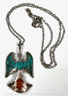 Silver Inlaid Turquoise and Coral Thunderbird Pendant Necklace, Unsigned