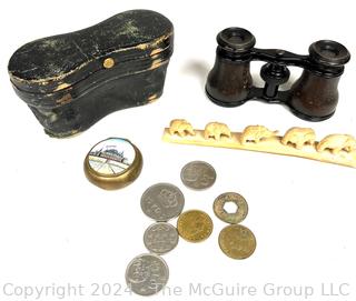 Binoculars in Leather Case, Coins and Souvenir Items