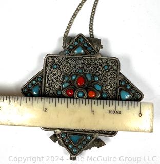 Tibetan Prayer Gau Box Pendant With Turquoise Coral. 
