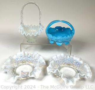 Four (4) Hobnail Ruffle Art Glass Bowls and Basket