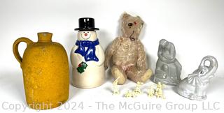 Yellow Painted Jug, Snowman Cookie Jar, Vintage Teddy Bear, Etc. 