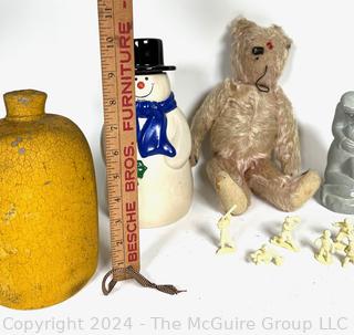 Yellow Painted Jug, Snowman Cookie Jar, Vintage Teddy Bear, Etc. 