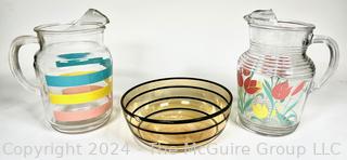 Two (2) Glass Water Pitchers and Gilt Striped Mid Century Bowl