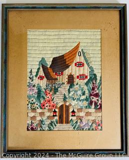 Framed Needlework of Cottage in Bloom