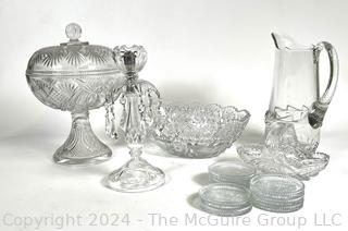 Clear Crystal Including Luster Candle Stick, Lidded Pedestal Bowl, Serving Bowl, Pitcher and Plates