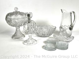 Clear Crystal Including Luster Candle Stick, Lidded Pedestal Bowl, Serving Bowl, Pitcher and Plates