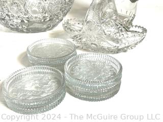 Clear Crystal Including Luster Candle Stick, Lidded Pedestal Bowl, Serving Bowl, Pitcher and Plates