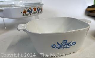 Casserole Cookware Including Pyrex Country Fair, Old Autumn,  Corning Ware Cornflower  and Czechoslovakia Fish Shaped Pot. 