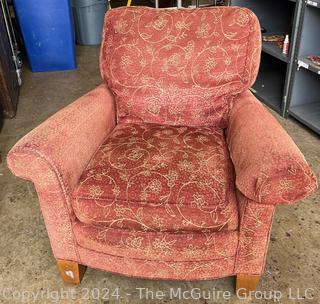 Stickley Fine Upholstery Club Arm Chair in Salmon Red. First of two offered in this auction. 
31 x 30 x 34 1/2"T