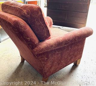 Stickley Fine Upholstery Club Arm Chair in Salmon Red. First of two offered in this auction. 
31 x 30 x 34 1/2"T