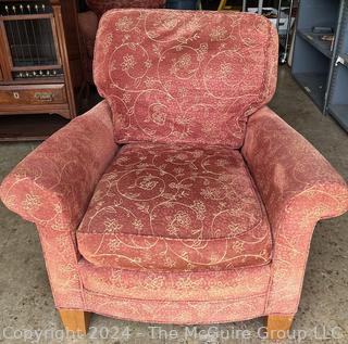 Stickley Fine Upholstery Club Arm Chair in Salmon Red. Second of two offered in this auction. 
31 x 30 x 34.5"T