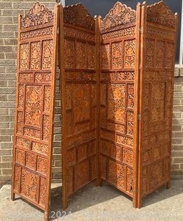 Moroccan Carved Pierced Wood Four (4) Panel Floor Screen.  Needs repair to hinges.  67" tall 80" long (20"W each panel)