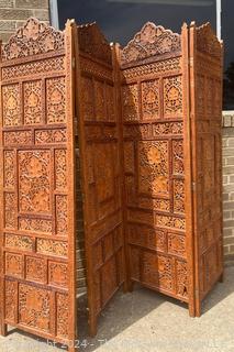 Moroccan Carved Pierced Wood Four (4) Panel Floor Screen.  Needs repair to hinges.  67" tall 80" long (20"W each panel)