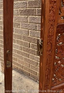 Moroccan Carved Pierced Wood Four (4) Panel Floor Screen.  Needs repair to hinges.  67" tall 80" long (20"W each panel)