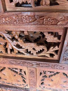 Moroccan Carved Pierced Wood Four (4) Panel Floor Screen.  Needs repair to hinges.  67" tall 80" long (20"W each panel)