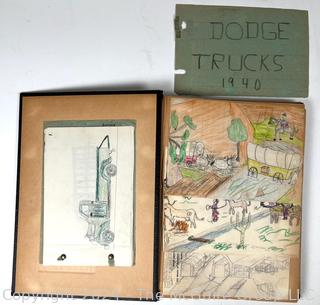 Personal Scrap Book Portfolio with Hand Drawn Illustrations of period cars, trucks, boats, architecture. Circa 1940's. LOOK!