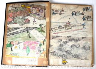 Personal Scrap Book Portfolio with Hand Drawn Illustrations of period cars, trucks, boats, architecture. Circa 1940's. LOOK!