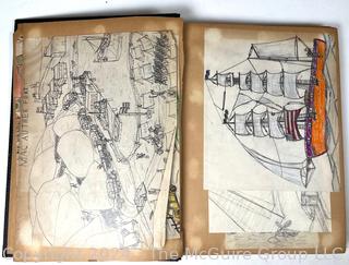 Personal Scrap Book Portfolio with Hand Drawn Illustrations of period cars, trucks, boats, architecture. Circa 1940's. LOOK!