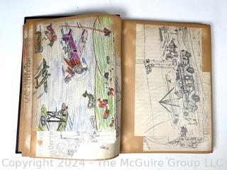 Personal Scrap Book Portfolio with Hand Drawn Illustrations of period cars, trucks, boats, architecture. Circa 1940's. LOOK!